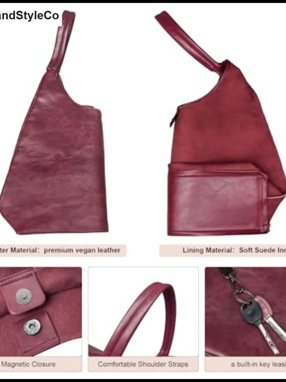 Vegan Leather Slouchy Hobo Shoulder Tote Bag with Makeup Pouch